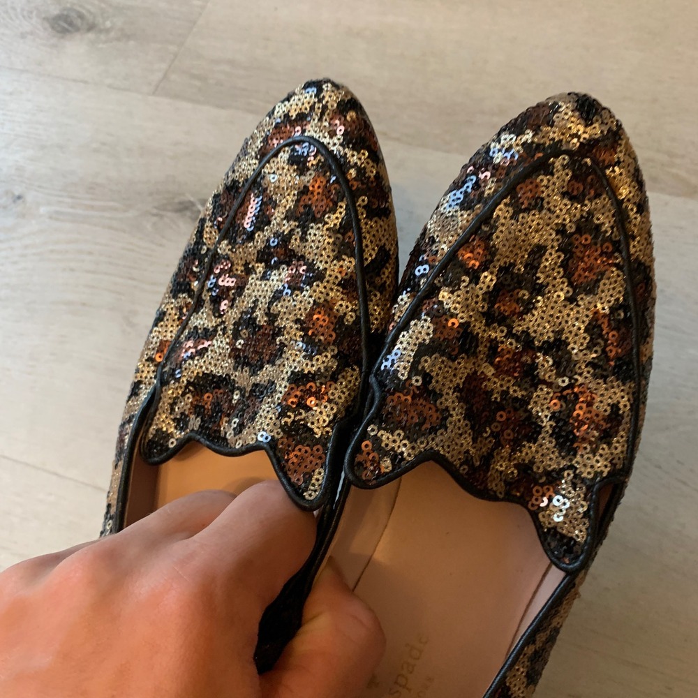 Kate Spade New York Leopard Sequin Cat Ear Loafers Flats Brown Gold 7M - Picture 6 of 6